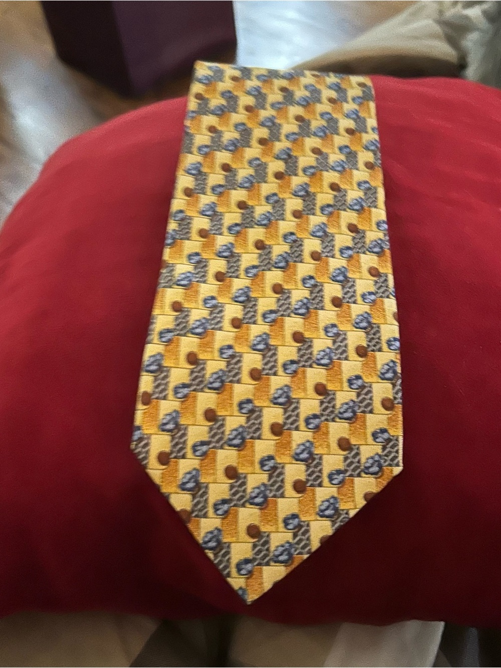 Ermenegildo Zegna Yellow Silk Tie with Blue and Brown Geometric Motif